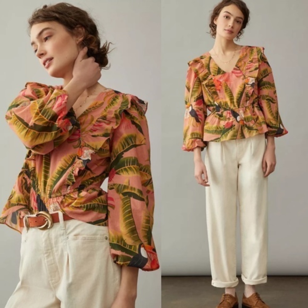 NWT Farm Rio Yasmine Ruffled Blouse Pink Combo Anthropologie Womens Top Tropical
